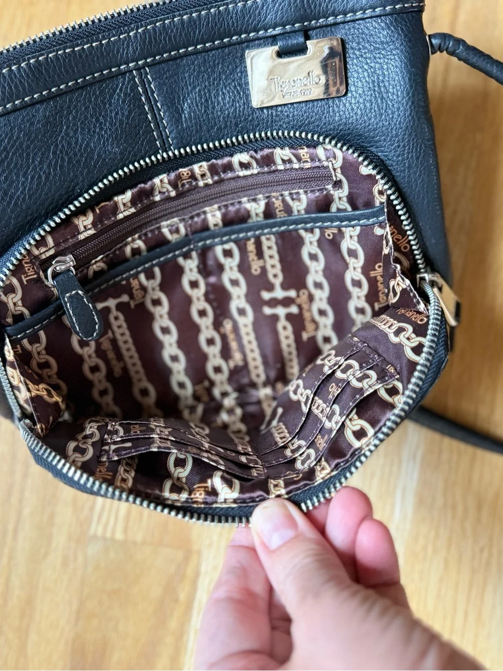 Tignanello Black Leather Crossbody with Front Zip Pocket